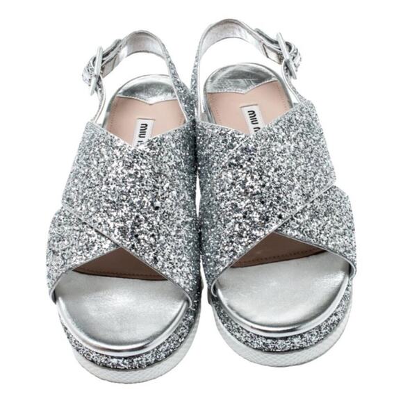 Miu Miu Silver Glitter Women's platform Sandals - Picture 1 of 5